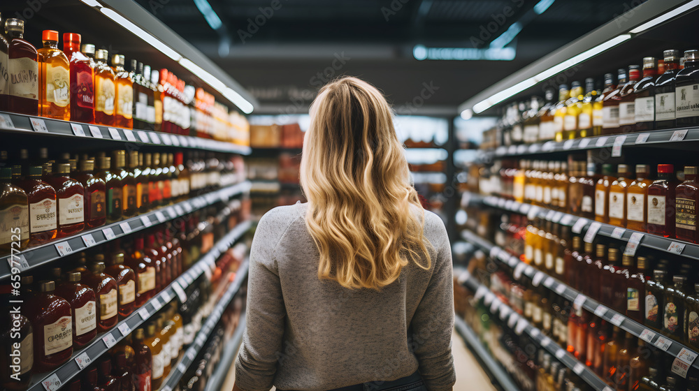A woman comparing products in a grocery store, considering nutrition, prices, and ingredients, demonstrating informed consumer behavior. Generative AI