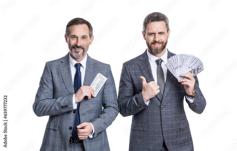 successful business brings money. successful business men investors in suit. financial investment. businessmen with money isolated on white. businessmen invest money in business. Cash flow successful business brings money. successful business men investors in suit. financial investment. businessmen with money isolated on white. businessmen invest money in business. Cash flow