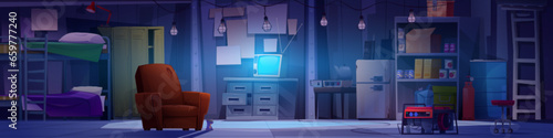 Bunker basement room interior. Vector cartoon illustration of dark underground shelter with bunk bed, tv and armchair, fire extinguisher, gas container, cooker, power generator, canned food on shelf