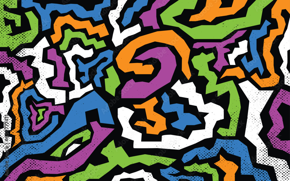 Fototapeta premium Graffiti curves seamless pattern with grunge effect. using a retro 80s style background. with purple, blue, green, orange, white and black. Vector
