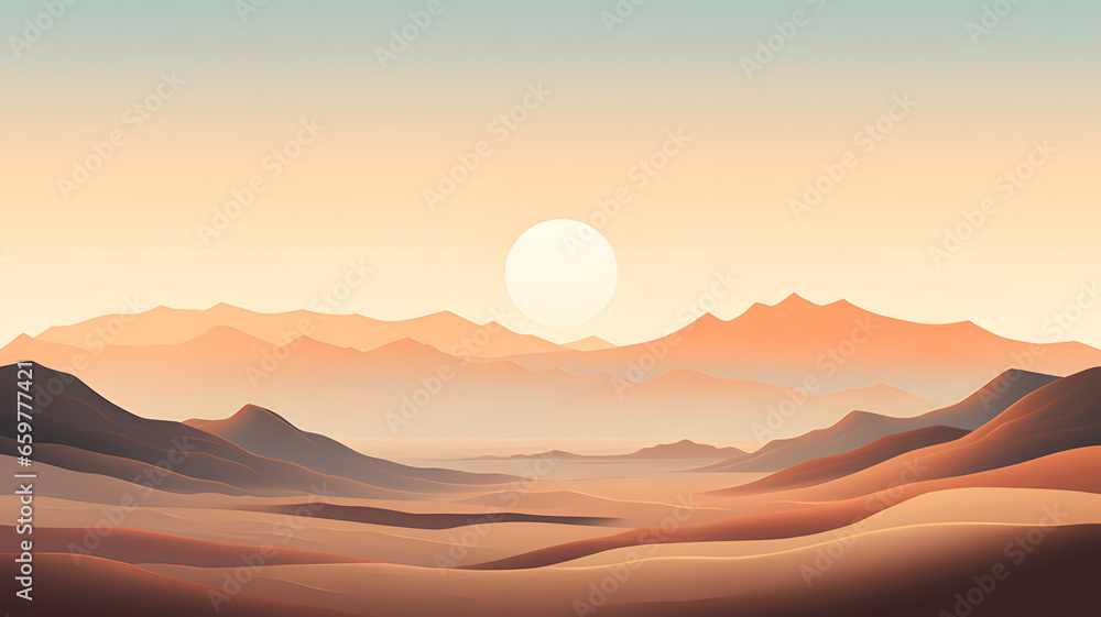 tranquility of a desert landscape at dawn, featuring sand dunes, a few cacti, and a subtle sunrise.
