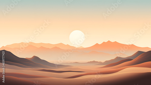 tranquility of a desert landscape at dawn  featuring sand dunes  a few cacti  and a subtle sunrise.