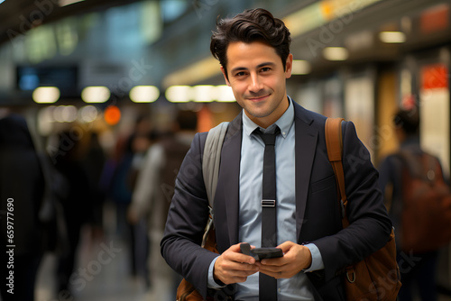 Handsome businessman wearing a suit holding smartphone at the subway station