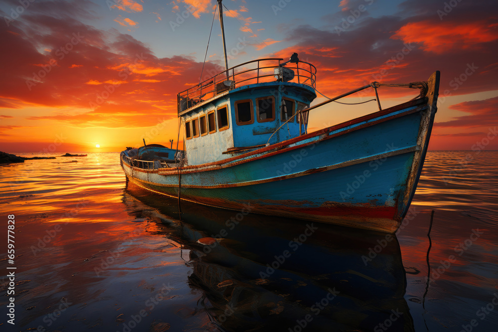 Golden Hour Catch: Fishing Boat in the Peaceful Sea