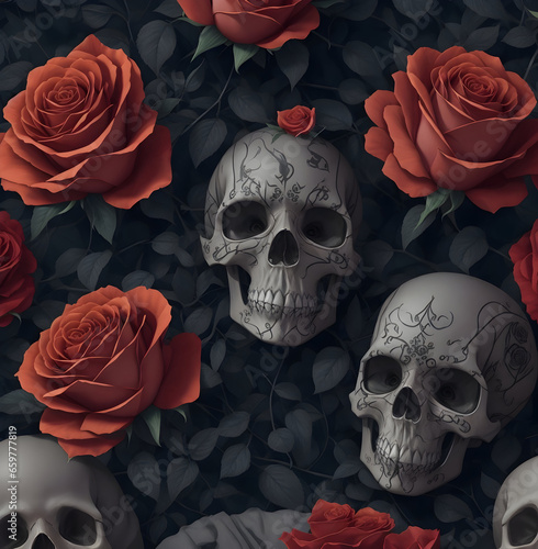 Create immersive Halloween ambiance with 3D tapestry pattern of textured skulls & roses. Unique AI art adds artistic flair.