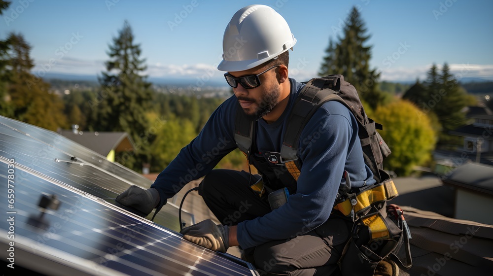 a solar power consultant expert on a roof installing solar panels, green energy and sustainable living, eco-friendly solutions. Generative AI