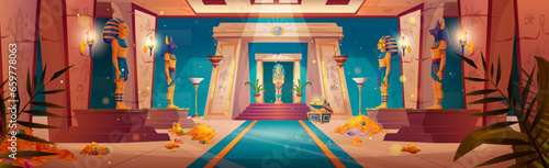 Egyptian pharaoh tomb with standing sarcophagus, hieroglyphics and wealth. Cartoon vector illustration of Egypt pyramid interior with mummy, pile of golden coins and treasure, ancient signs.