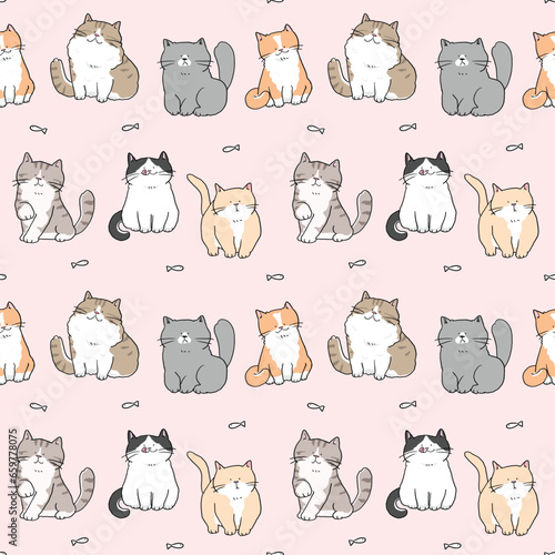 Seamless Pattern of Cute Cartoon Cat Design on Light Pink Background