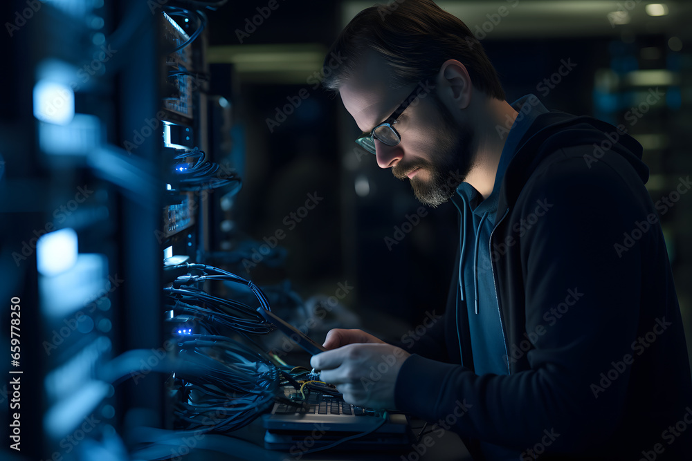 Cybersecurity working on server in data center Cybersecurity working on server in data center