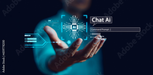 Businessman show virtual graphic Global Internet connect Command prompt Chat with AI cpu for generates. Ai tech, Artificial Intelligence Futuristic technology transformation on human hand