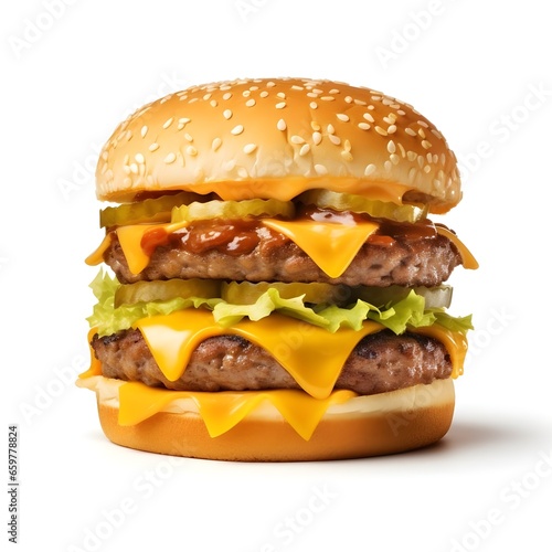 Flying burger with melted cheese and sauce splash isolated on a white background