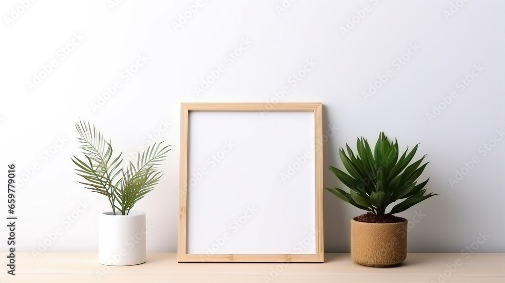 Empty wooden frame on white background, mockup, minimalist