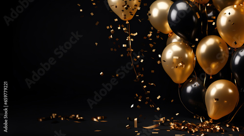 Black Friday, sale, Gold balloons, Confetti and ribbons on black background, christmas, party