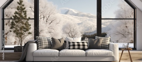 illustration of a contemporary room with captivating nature views through large black windows adorned with a patterned sofa pillows and a white table featuring a potted plant