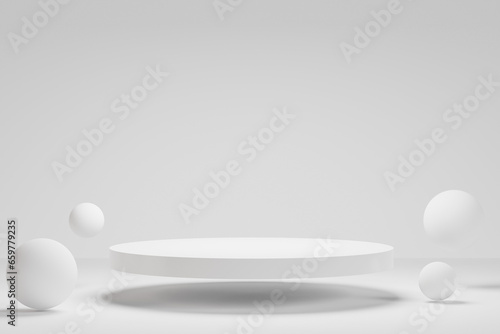 Empty podium on white background with cylinder stand concept. Blank product shelf standing backdrop. 3D rendering.