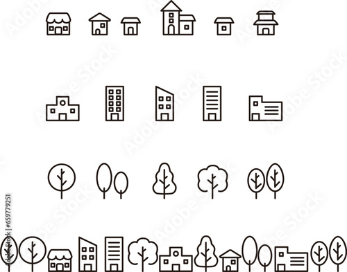 街並み　住宅　ビル　木　アイコン　ピクトグラム　あしらい　シンプル　線　イラスト素材セット