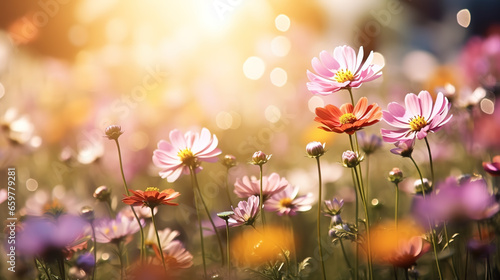 Fototapeta Naklejka Na Ścianę i Meble -  Flower field in sunlight, summer garden.