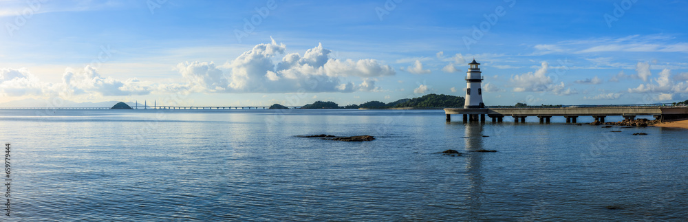 Beautiful seascape natural scenery in Zhuhai, Guangdong Province, China. Lighthouse and sea island natural landscape, famous travel destination.
