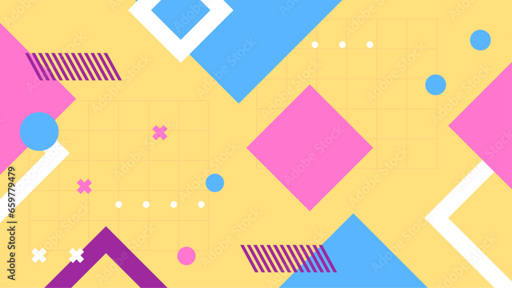 Yellow pink and blue abstract flat background memphis geometric design elements with shapes Yellow pink and blue abstract flat background memphis geometric design elements with shapes