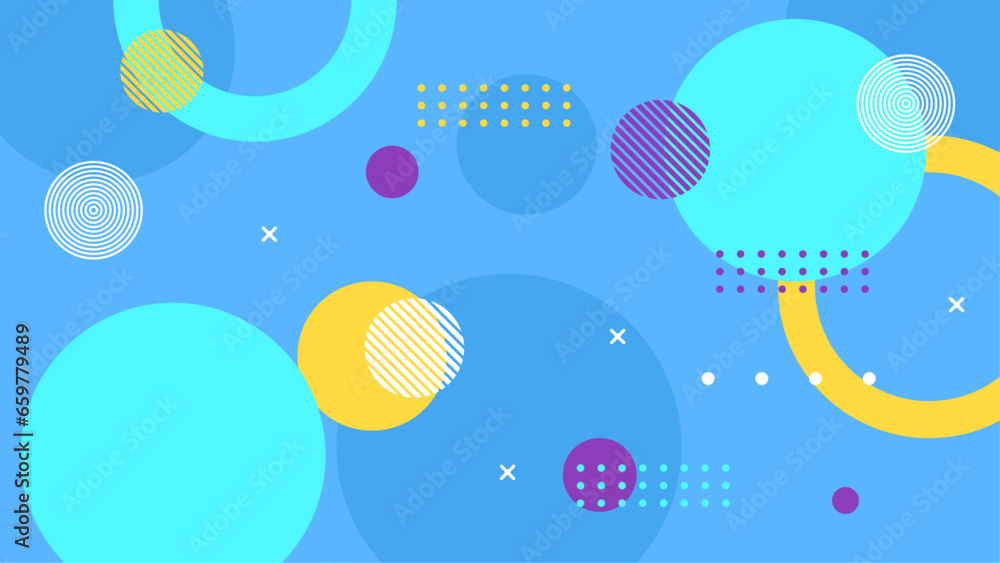 Blue yellow and purple violet abstract flat background memphis geometric design elements with shapes