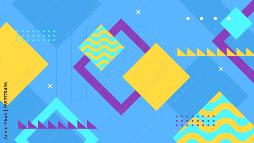 Blue yellow and purple violet vector creative flat geometric design for abstract background with shapes and memphis style Blue yellow and purple violet vector creative flat geometric design for abstract background with shapes and memphis style