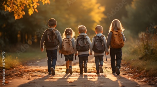 Group of young children walking together in friendship, embodying the back-to-school concept on their first day of school. Generative AI © PSCL RDL
