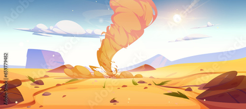 Tornado hurricane twister with swirl sand in desert. Cartoon vector illustration natural sandy landscape with storm whirlwind. Destructive windstorm disaster with wind and vortex whirlpool in dune.