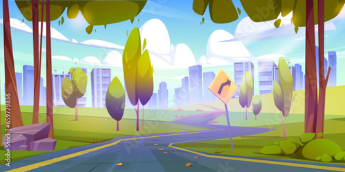Winding road to city with sign, woods and grass on sides. Cartoon vector panoramic landscape with empty asphalt highway from countryside to skyscrapers in town. Summer cityscape with freeway in park.