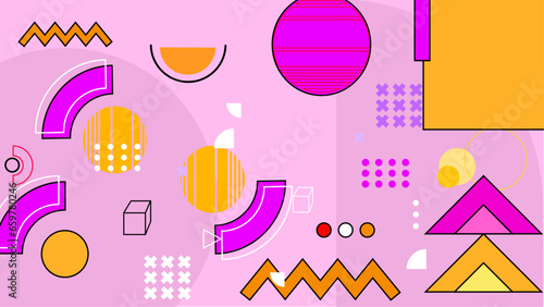 Pink yellow and white modern abstract flat memphis geometric background with with simple shapes circle  line  triangle  dot  use for template poster event  social media banner and digital poster