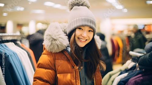 A young woman is happily shopping for winter clothes in a department store.
