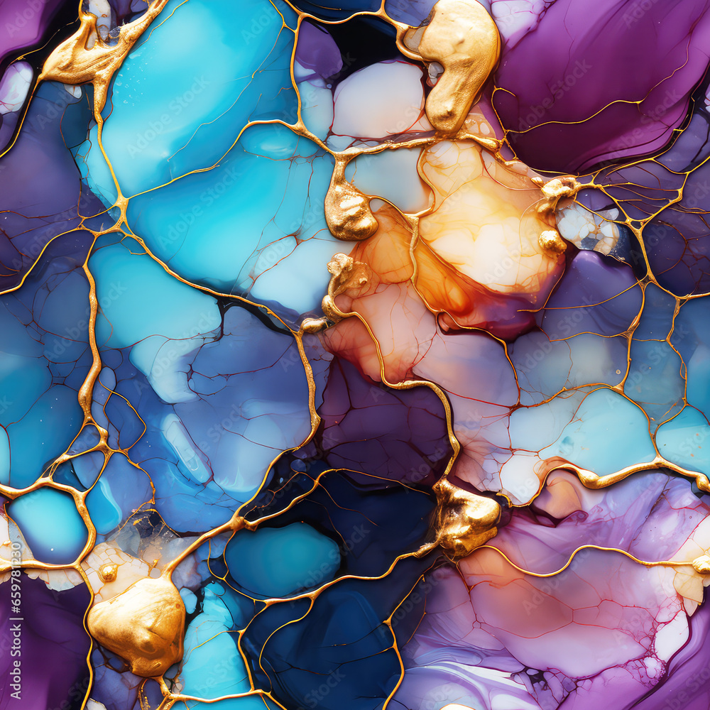 Seamless Abstract Decorative Alcohol ink waves in purple and blue colors with gold veins background