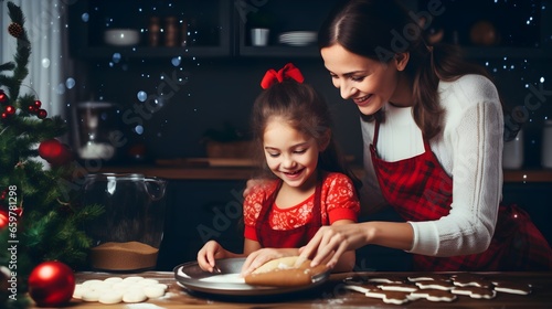 mother and daughter baking cookies at Christmas together. Holidays and celebration concept. Generative AI