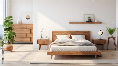 Scandinavian style interior design of modern bedroom. Wood bed with white bedding and bedside cabinets. Generative AI © PSCL RDL