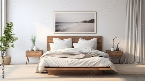 Scandinavian style interior design of modern bedroom. Wood bed with white bedding and bedside cabinets. Generative AI