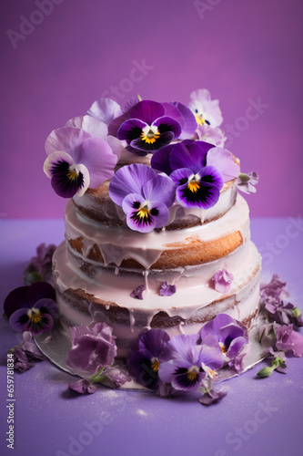 beautiful naked cake decorated with edible pansies on a pastel purple background for birthday or wedding