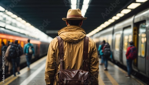 Travel and lifestyle concept, man in vintage clothing and hat standing on  train station, background, banner with copy space text  © Karlo