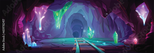 Mine cave with crystal cartoon game background. Underground tunnel entrance inside mountain coal shaft with railway illustration. Fantasy and mysterious dark corridor scene with stalagmite glow