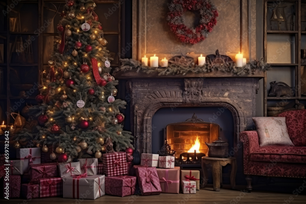 Background for New Year's greetings or Christmas. Fireplace and tree decorated with gifts, present boxes, candles.