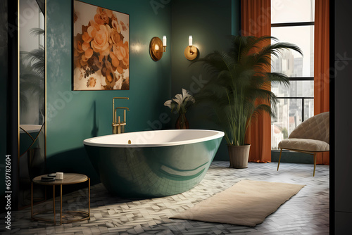 a bathroom with a large tub and large tiled bathroom walls