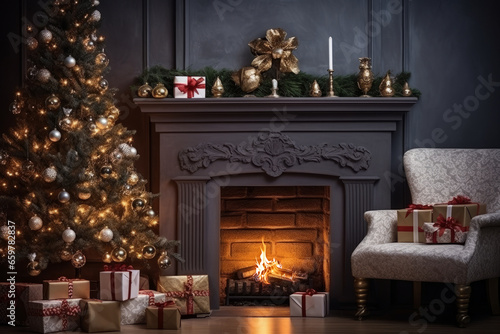 Background for New Year's greetings or Christmas. Fireplace and tree decorated with gifts, present boxes, candles.