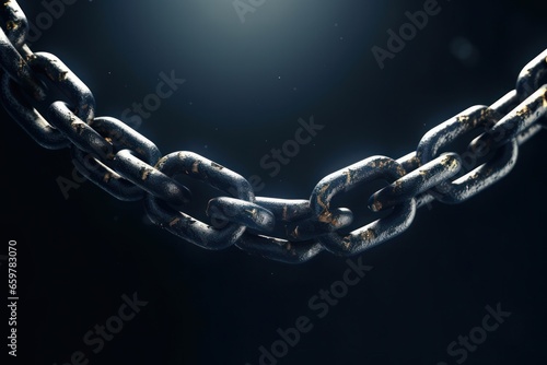A detailed close-up of a chain on a black background. This image can be used for industrial or abstract concepts