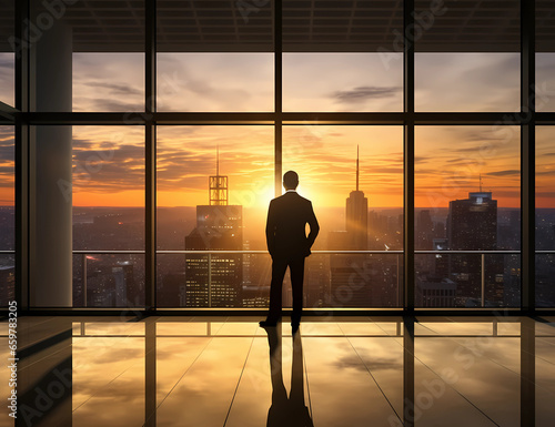 a businessman standing inside a high rise office at sunset