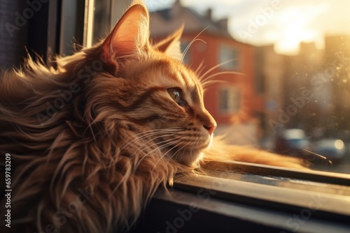 A cat sitting on a window sill, looking out the window. This image can be used to depict curiosity, relaxation, or a peaceful moment at home © Ева Поликарпова