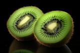 Two kiwis cut in half placed on a black surface. This image can be used for food and nutrition-related articles, recipe websites, or healthy eating blogs