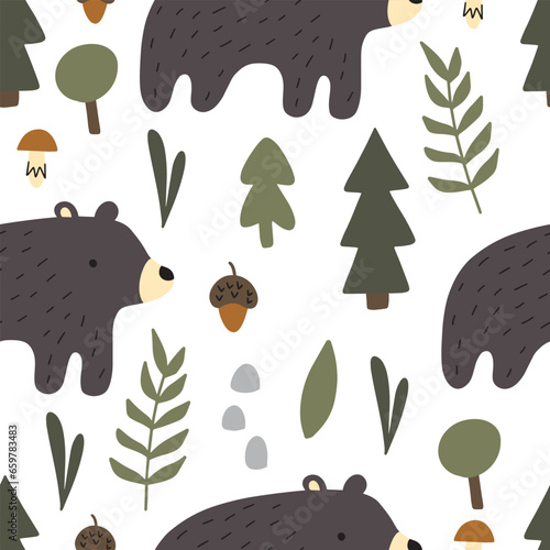 Seamless pattern with cute bears in the wood. Hand drawn childish background with wild animals in the forest. Endless kids texture for apparel, textile and prints. Vector illustration © Ольга Агуреева