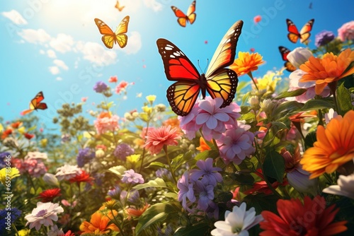 A beautiful field of colorful flowers with graceful butterflies flying around. Perfect for adding a touch of nature and serenity to any project