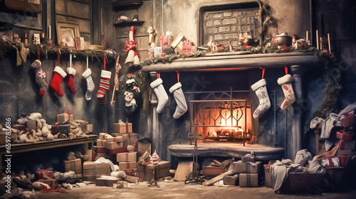In a shabby room, with a burning fireplace, there were worn-out socks, belonging to poor children, hanging, waiting for gifts, from Santa Claus, on Christmas day, generative ai