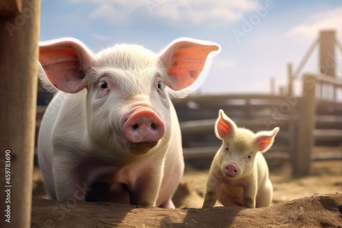 A picture of a couple of pigs standing next to each other. This image can be used to represent farm animals or as a metaphor for companionship and teamwork photo