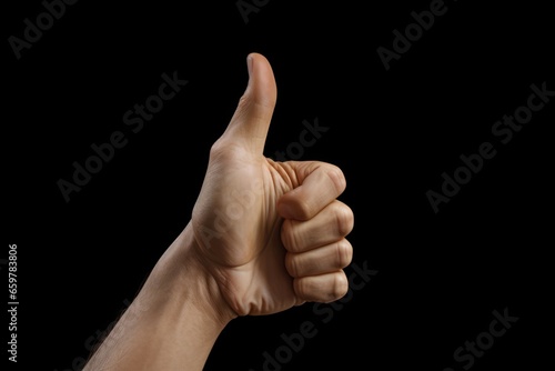 A person's hand giving a thumbs up sign. Can be used to indicate approval or success photo