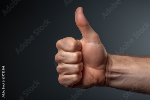 A man's hand is shown giving a thumbs up sign. This image can be used to convey approval, success, or positivity in various contexts